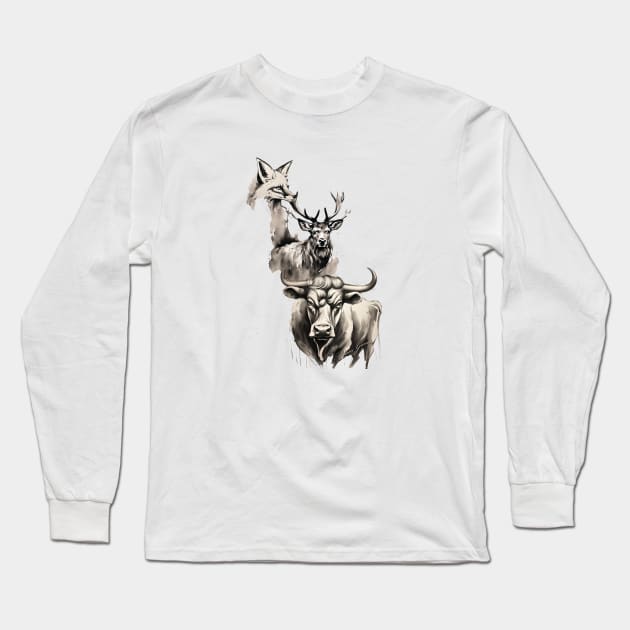 Inkwork Stag Vixen and Bull Long Sleeve T-Shirt by Vixen Games